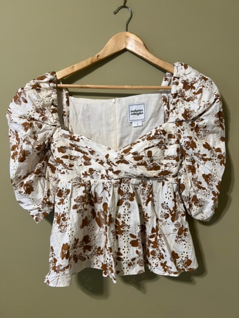 Autumn Adeigbo Sauda Eyelet Blouse with Puff Sleeves Women's Sz 2 Cream & Brown